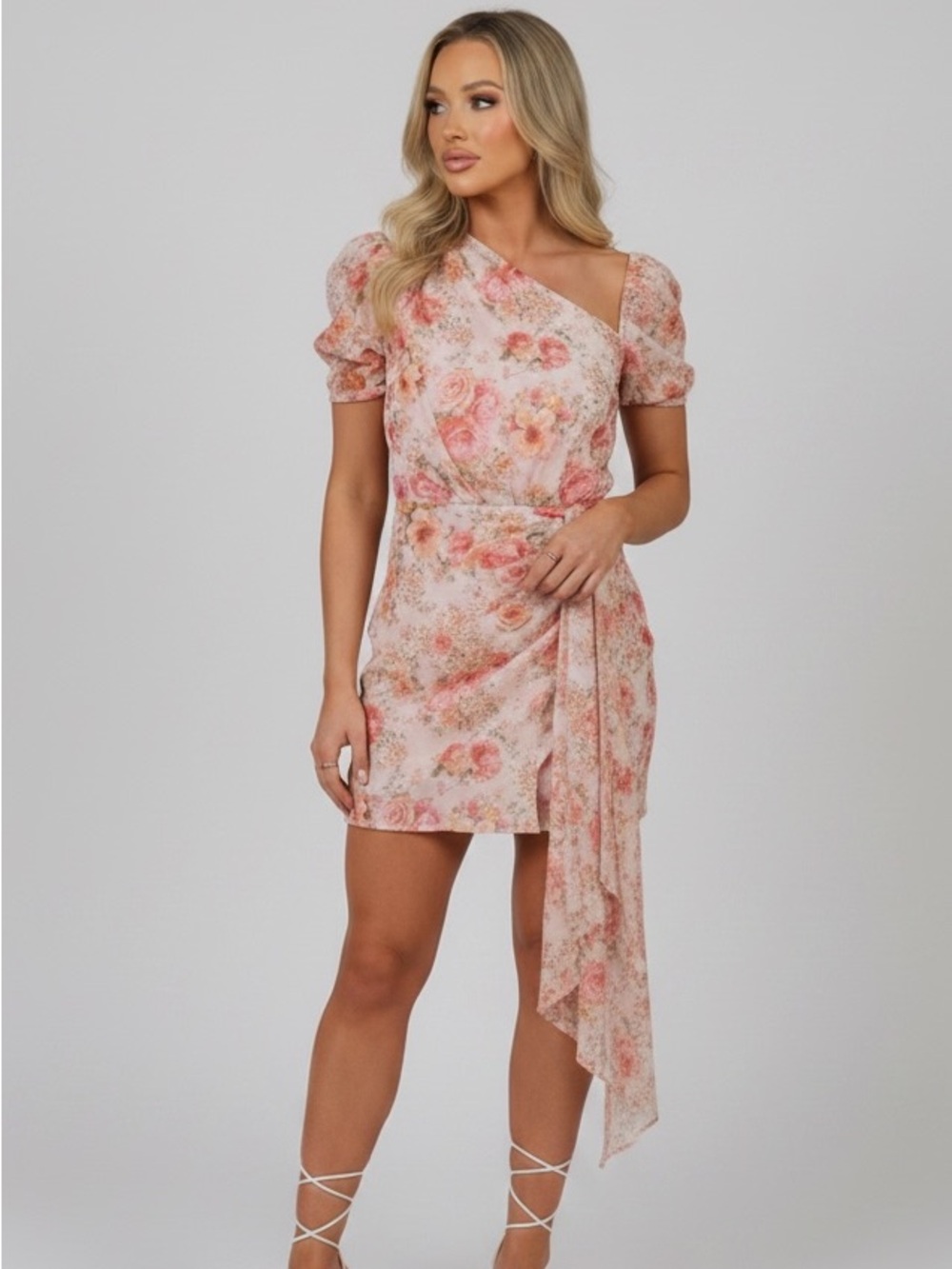 PrettyLittleThing Pink Floral One Shoulder Mini Dress Wedding Guest Size 12
